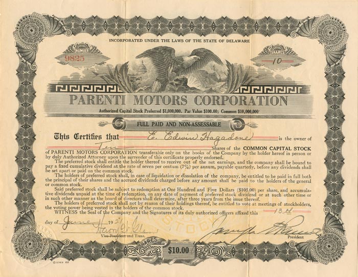Parenti Motors Corporation - Stock Certificate